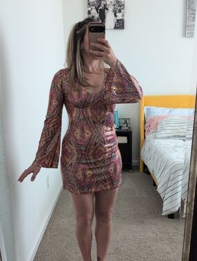 California Costume 70s Go Go Dancer Sequin Tie Dye Psychedelic Print Mini Dress